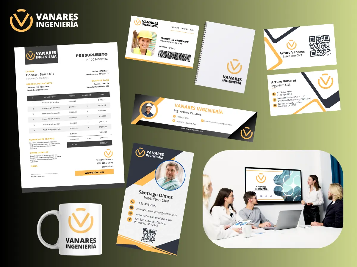 “Ejemplo de cómo una identidad visual coherente se aplica en todos los soportes de una empresa, desde documentos y tarjetas hasta presentaciones y merchandising.” Ejemplo de imagen empresarial aplicada en branding, papelería, web y presentaciones de empresa en Argentina