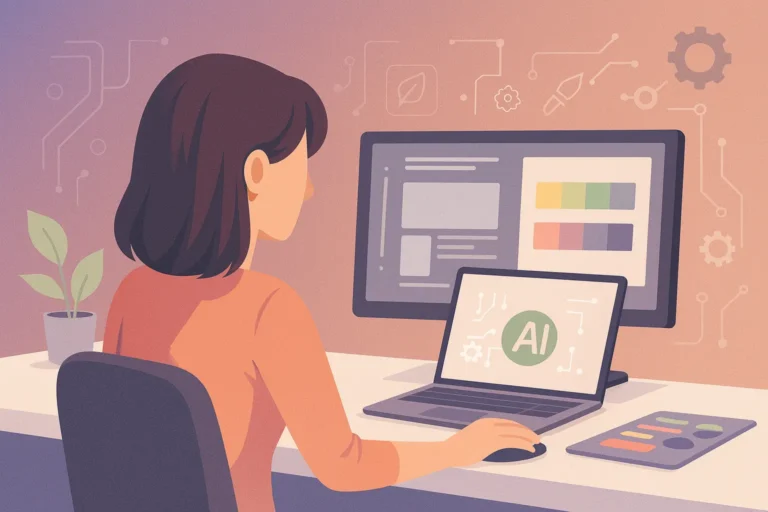 Diseñadora trabajando con IA en diseño gráfico, branding y desarrollo web en 2025