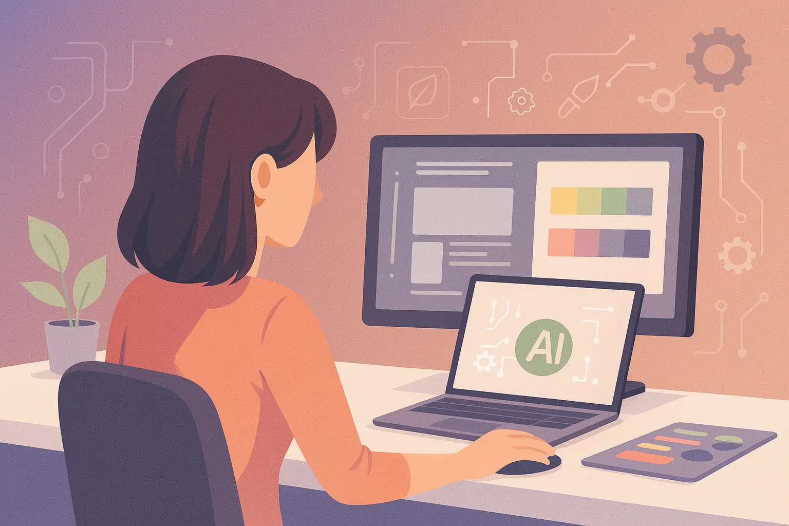 Diseñadora trabajando con IA en diseño gráfico, branding y desarrollo web en 2025