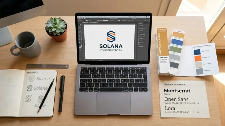 Espacio de trabajo de diseño gráfico profesional con elementos de identidad visual