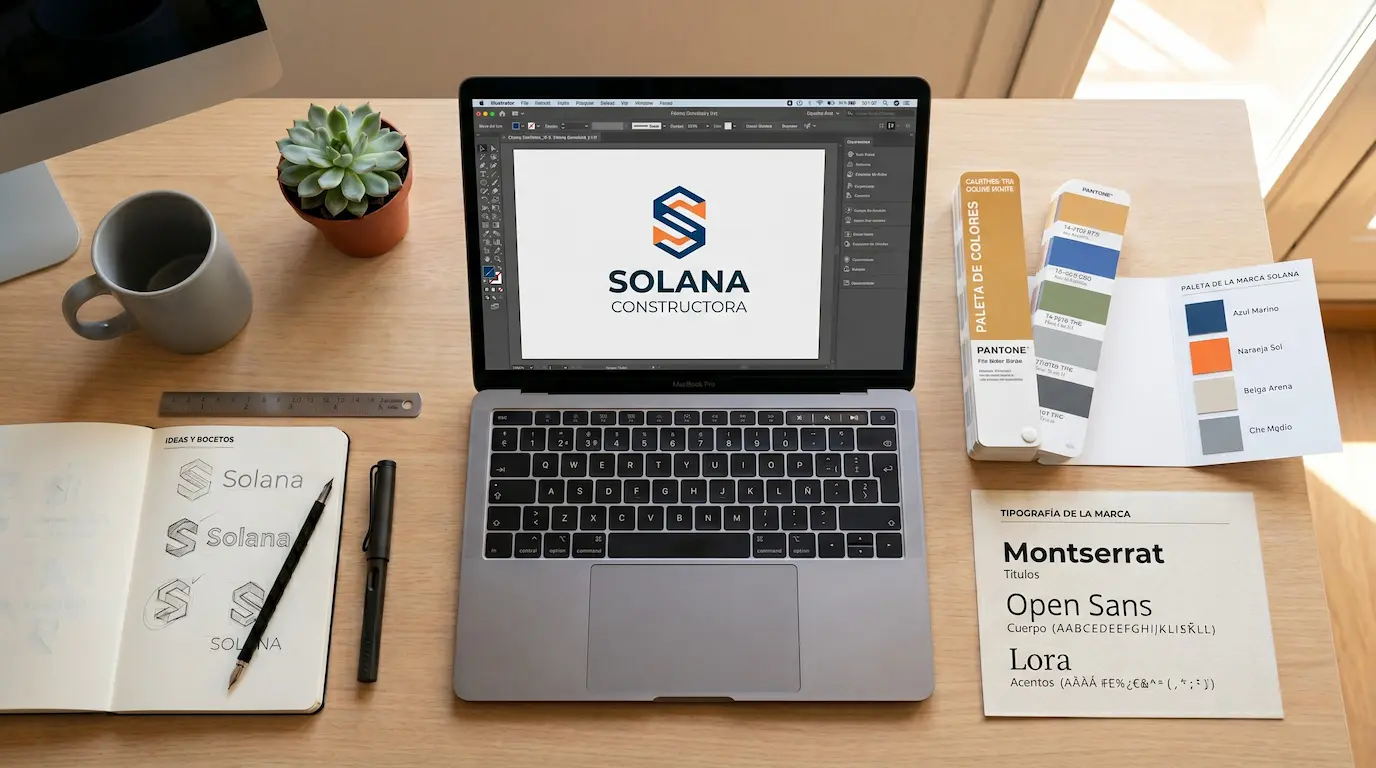 Espacio de trabajo de diseño gráfico profesional con elementos de identidad visual